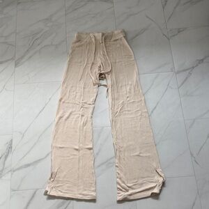 Beige Ribbed Wide-Leg Knit Pants